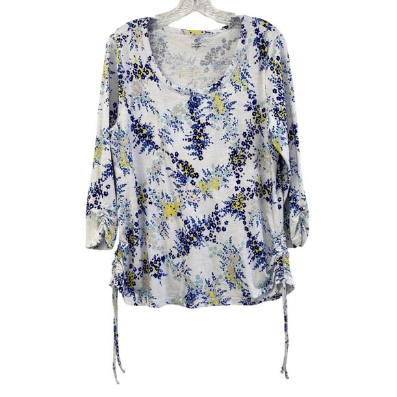 T by Talbots Floral Ruched Tie Top Womens Size L 3/4 Sleeves Spring Resort Wear - Picture 1 of 7